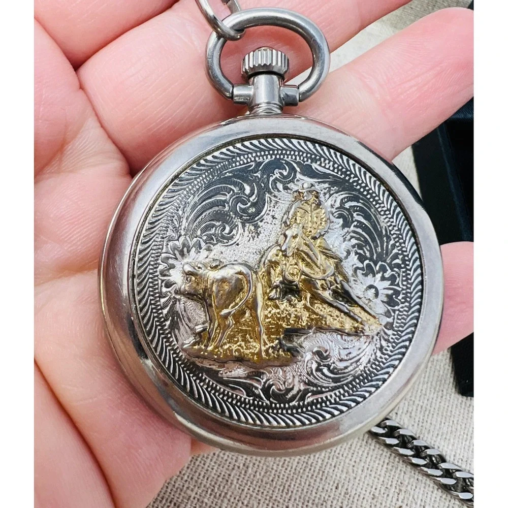 Montana Silversmiths Cowboy Pocket Watch Silver Gold Tone Western Quartz